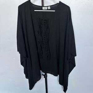 Cato Woman Black Lace-Up Fringe Chiffon Poncho Tunic Top Size 18/20W